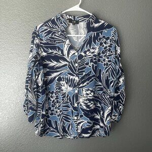 L&H Women’s Button Down Blouse Size 12 Blue White Floral Print Long Sleeve Top